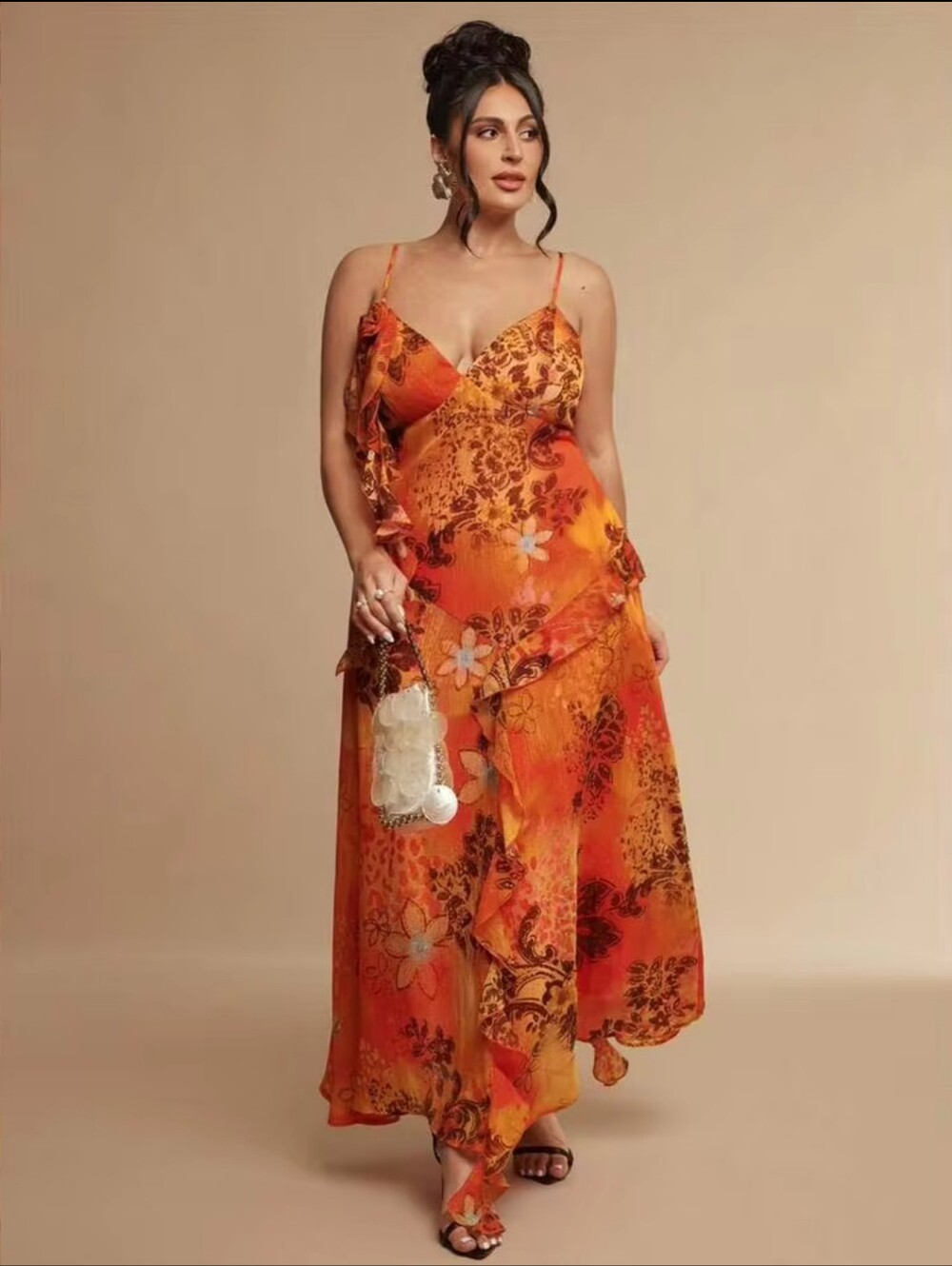 Y2K Style Maxi Dress Orange Floral Ruffle Slip Dress Size Large Ruffles Autumn